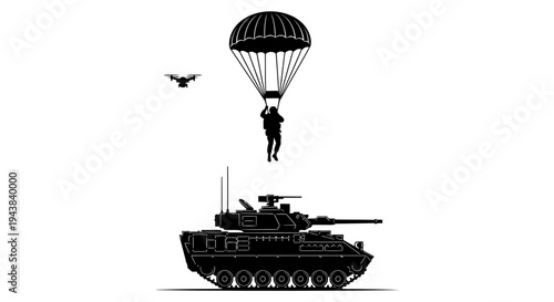 Military Drone, Parachuting Soldier, and Tank Silhouette on White Background