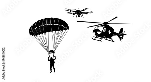 Military Drone, Helicopter, and Parachutist Silhouette - Airborne Operations Concept