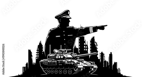 Military Commander Directs Tank Through Ruined Cityscape, Symbolizing War and Destruction
