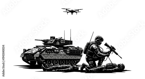 Military Drone, Tank, Soldier, and Wounded Combatants in Black and White