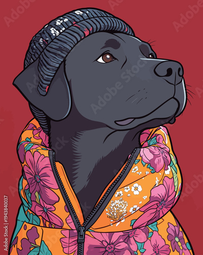 A dog dressed in a bright jacket and hat looks forward with a curious expression against a red background.