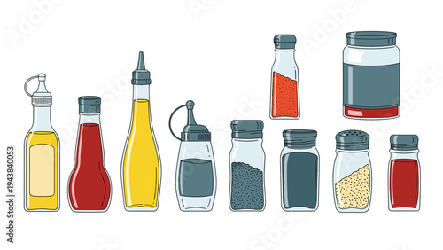 Collection of various condiment bottles and spice jars containing oils, sauces, ketchup, and seasonings for cooking or dining purposes.