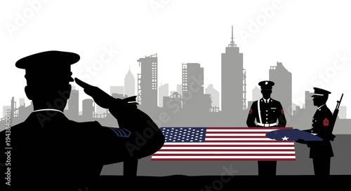 Military Funeral Ceremony with American Flag and City Skyline Silhouette