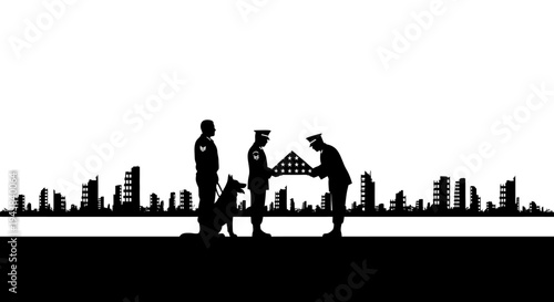 Military Funeral Ceremony Silhouette with Dog and Ruined City Background