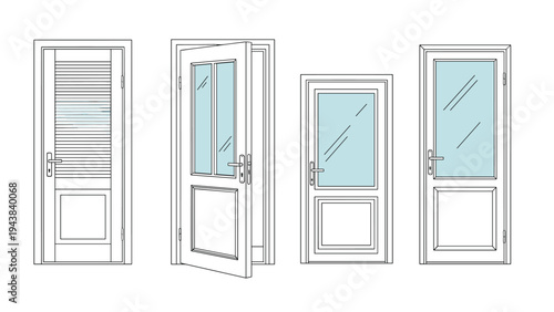 Set of modern door designs featuring glass panels and different styles suitable for home interiors or commercial building entrances.