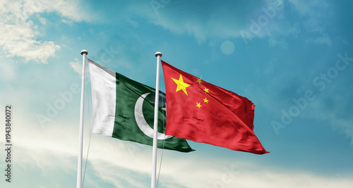 Fotografie Pakistan and China friendship flags are waving in the sky