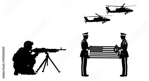 Military Honor Guard and Soldier with Machine Gun, Helicopters Fly Over