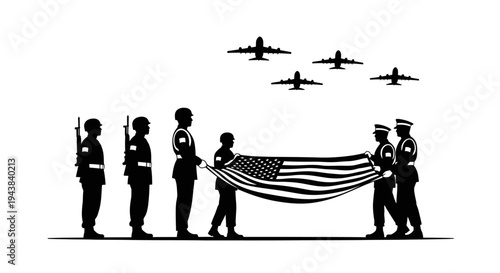 Military Honor Guard Carries American Flag with Fighter Jets Flyover