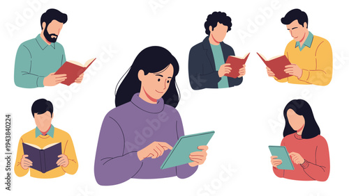 Group of people of various genders and ages engaged in reading physical books and browsing content on digital tablet devices.