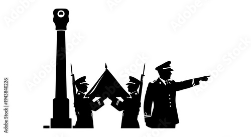 Military Honor Guard Ceremony with Flag and Leader Pointing