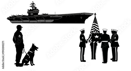 Military Honor Guard with Flag, K9 Unit, and Aircraft Carrier