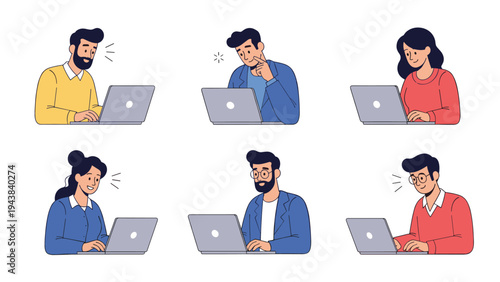 Collection of diverse men and women focused on their tasks while working on laptop computers in various professional or casual settings.