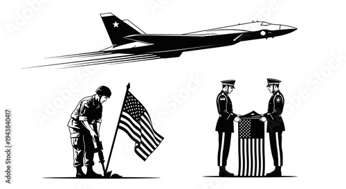 Military Jet, Soldier Planting Flag, Honor Guard Folding Flag - Patriotism Symbol