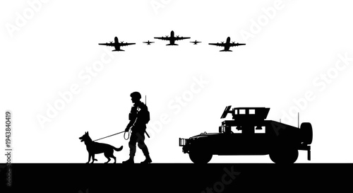 Military K9 Unit and Humvee Patrol with Fighter Jets Overhead Silhouette