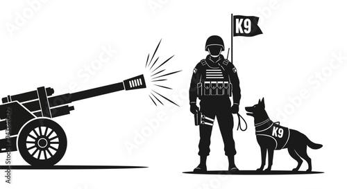 Military K9 unit soldier with cannon firing, tactical gear, K9 flag, combat readiness