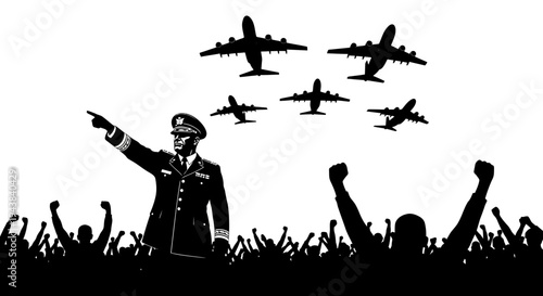 Military Leader Directs Air Fleet Over Cheering Crowd Silhouette