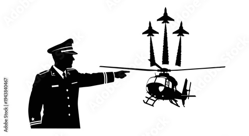 Military Officer Directs Helicopter and Fighter Jets in Formation