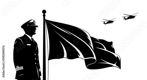 Military Officer Salutes Flag With Helicopters Flying Overhead