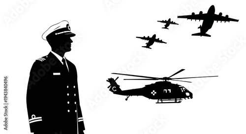 Military Officer Silhouetted Against Air Force Fleet: Helicopter, Jets, Cargo Plane