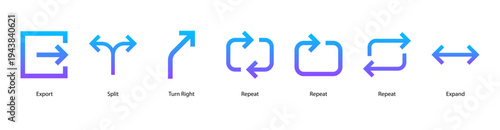 Data Flow web banner icon vector illustration featuring Export, Split, Turn Right, Repeat, Repeat, Repeat, and Expand.