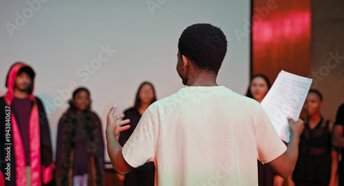 Slika na platnu African young adult gen z male man hold scripts paper read play story lines scene standing indoor stage hall