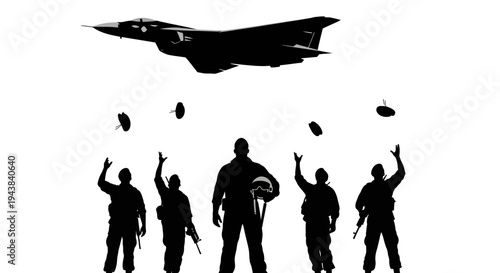 Military Paratroopers Jumping From Jet, Silhouette of Soldiers and Aircraft