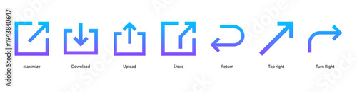 Sharing and Return web banner icon vector illustration featuring Maximize, Download, Upload, Share, Return, Top right, and Turn Right.