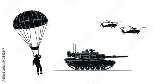 Military Paratrooper, Tank, and Helicopters in Silhouette - Airborne Assault Concept