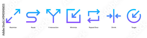 Path and Targets web banner icon vector illustration featuring Maximize, Route, Y Intersection, Minimize, Repeat Once, Shrink, and Target.