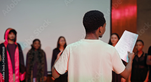 African young adult gen z male man hold scripts paper read play story lines scene standing indoor stage hall. Happy group boy girl do work drama practice day studio campus place