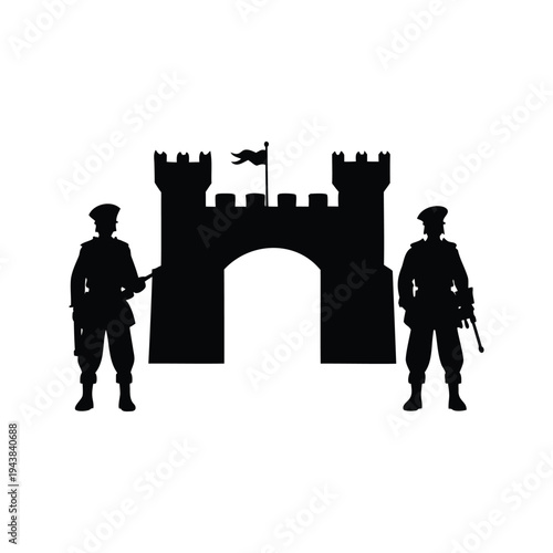 soldiers guarding castle gate silhouette vector illustration, Two soldiers guarding medieval castle silhouette vector illustration with flag and archway