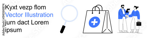 Online shopping, healthcare, digital business, teamwork, e-commerce, communication. Magnifying glass, shopping bag with a cross two people shaking hands. Online shopping and healthcare concept