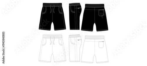Black Sports Shorts Front Side and Back View with Outline Apparel Vector Template