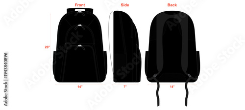 Black Backpack Front Side and Back View with Dimensions Vector Template