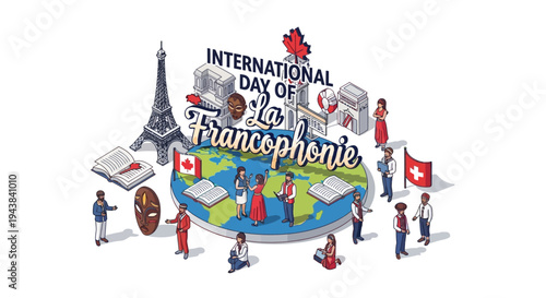 Illustration celebrating International Day of La Francophonie with diverse people, landmarks, and symbols in a colorful, stylized globe design on a white background.
