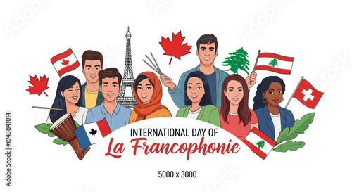 Illustration of diverse people celebrating International Day of La Francophonie with flags and symbols on a white background