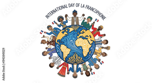 Vector illustration of diverse people gathered around a globe celebrating International Day of La Francophonie with colorful designs and French language awareness.