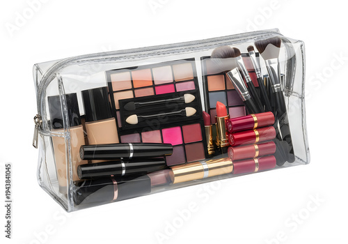 Clear makeup bag filled with various cosmetics and brushes isolated on transparent background