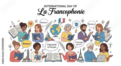 Illustration celebrating International Day of La Francophonie with diverse people engaging in various activities like reading, writing, and discussing, surrounded by French language and