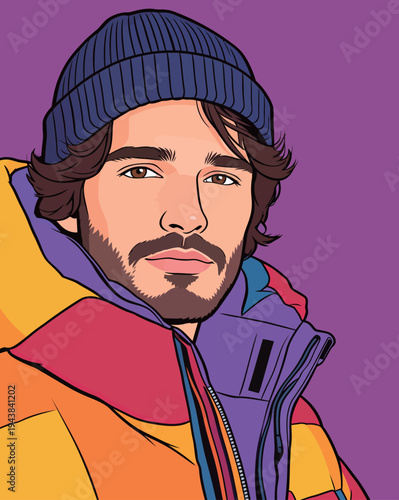 A young man stands smiling in a colorful jacket and beanie with a purple background. He looks relaxed in this urban style.
