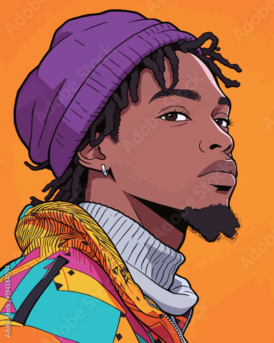 A young man stands confidently, wearing a colorful jacket and a purple hat, looking toward the viewer with bold colors around him.