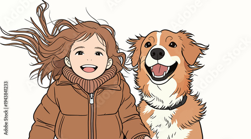 A young child wearing a brown jacket holds hands with a smiling dog. They both look happy in a bright setting.