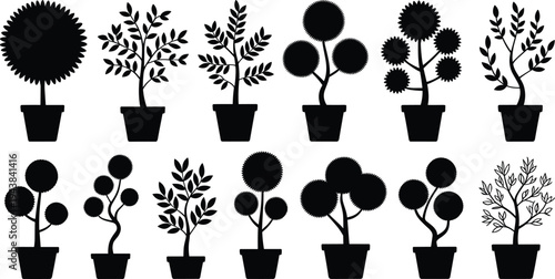 Black plant silhouette collection, decorative potted plants, topiary foliage, garden design elements, vector illustration, ornamental greenery, botanical shapes, nature art