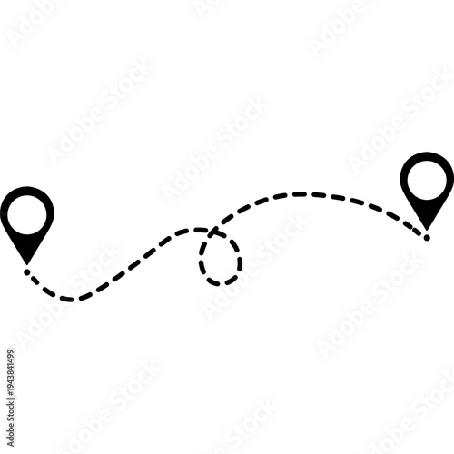 Route Map: Simple graphic design of a route map with a dotted line and two location markers, symbolizing journey and destination. It's a visual metaphor for travel and exploration.