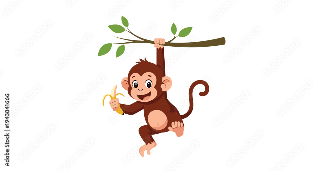 Obraz premium Playful brown monkey hanging from a tree branch with one hand and holding a peeled banana with the other.