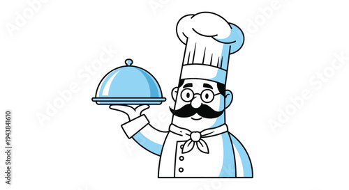 Friendly chef with a mustache and tall hat holding a silver serving dish with a cloche cover on a white background.