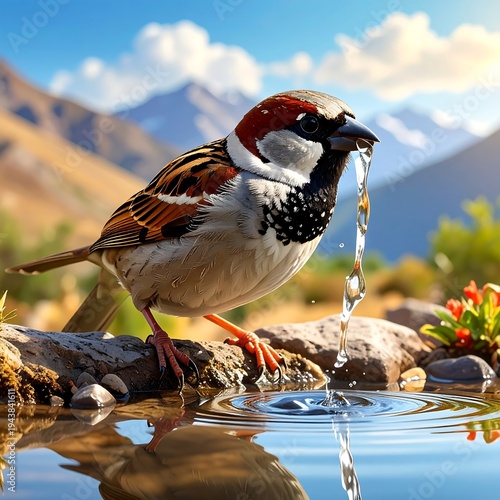 A sparrow drinks from a serene mountain pool