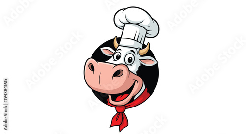 Funny cow character wearing a white chef hat and red neckerchief looking out from a black circle frame.