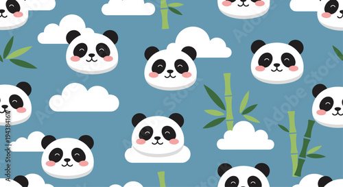 Adorable panda bear heads and bamboo stalks pattern on a blue background with soft white clouds for kids.