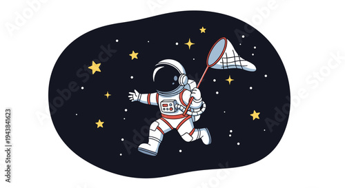 Brave astronaut character floating in outer space and trying to catch stars with a net in a dark night sky.